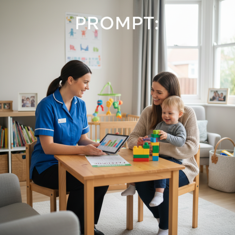 alt_text Health visitor advising a parent and child at home, showing care, support, and child development.