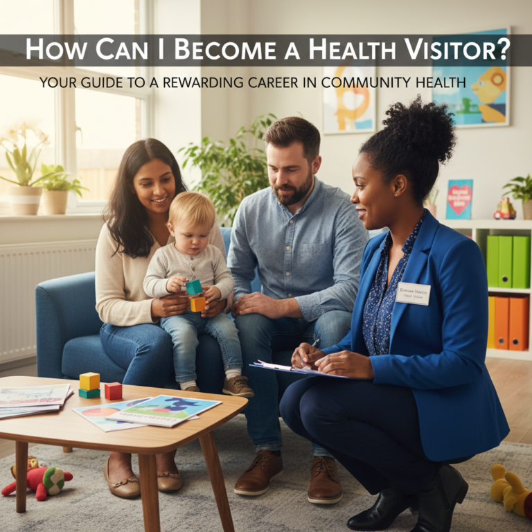 A health visitor warmly supporting a young family in a bright, welcoming community health setting.