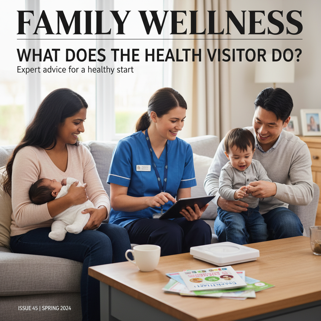 A caring health visitor supports a young family at home, offering expert advice on child health and wellbeing.