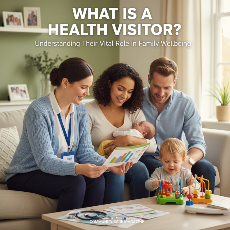 A health visitor supports family wellbeing, guiding parents and children in a caring home environment.
