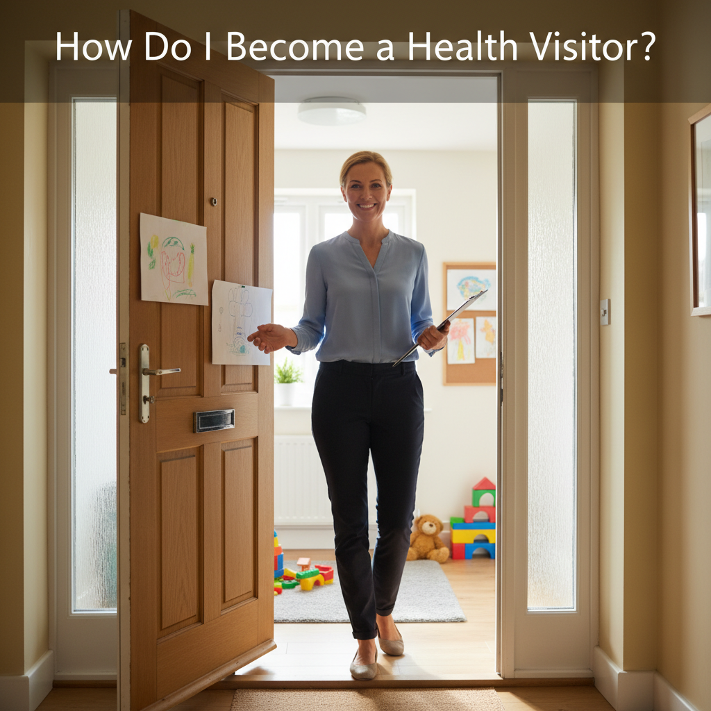 A friendly health visitor stands at a family's door, clipboard in hand, ready to offer support and advice.