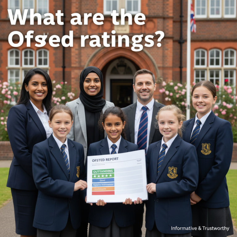 What are the Ofsted ratings? Diverse UK teachers and students with a school Ofsted report cover.
