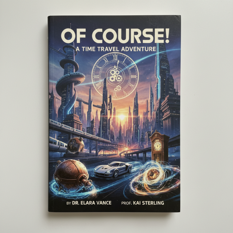 A book cover featuring futuristic cityscapes and time machines, illustrating a time travel adventure.