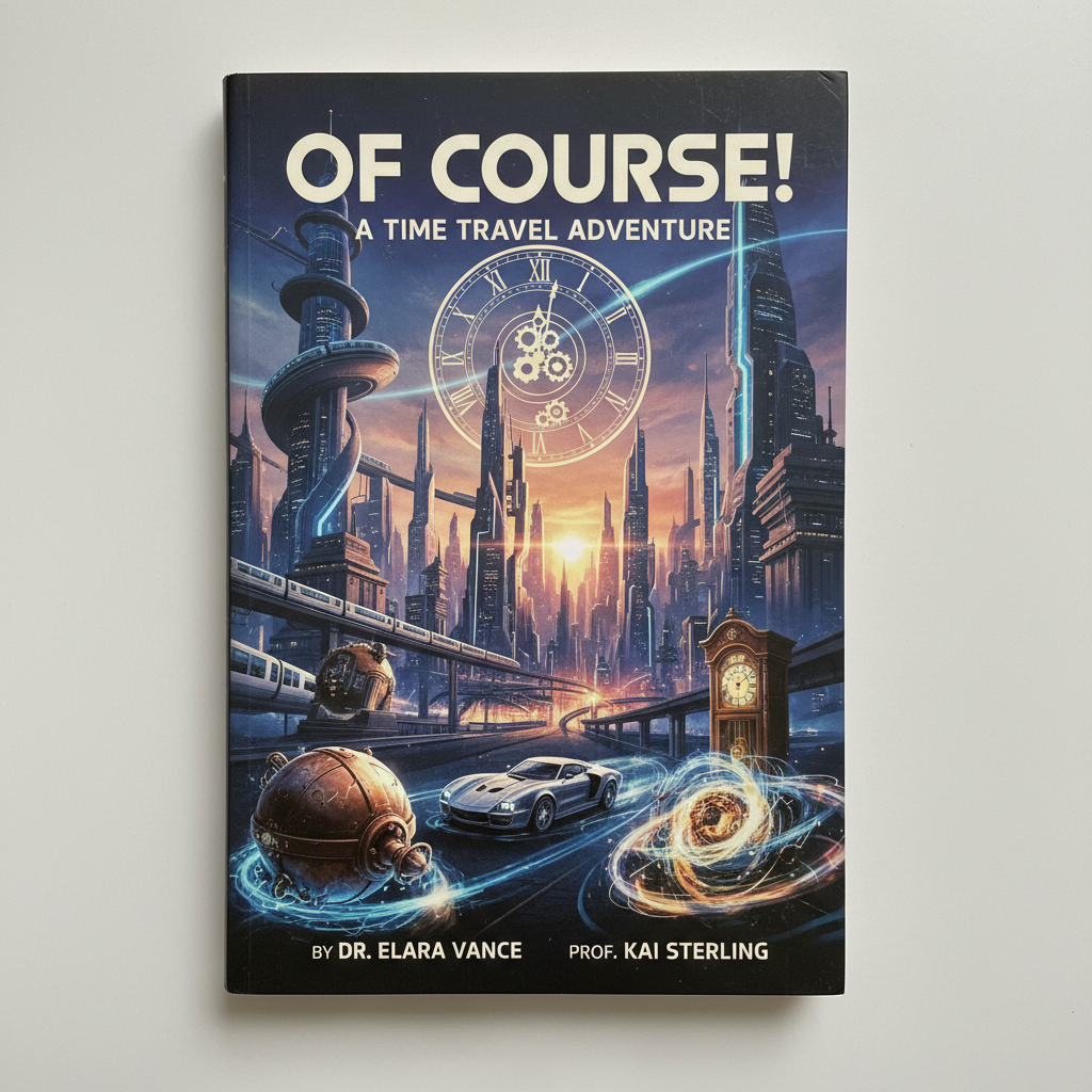 A book cover featuring futuristic cityscapes and time machines, illustrating a time travel adventure.